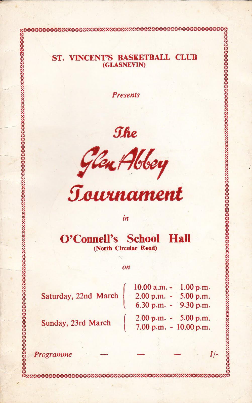 Programme cover for St. Vincent's Glen Abbey Tournament at O'Connell's School Hall