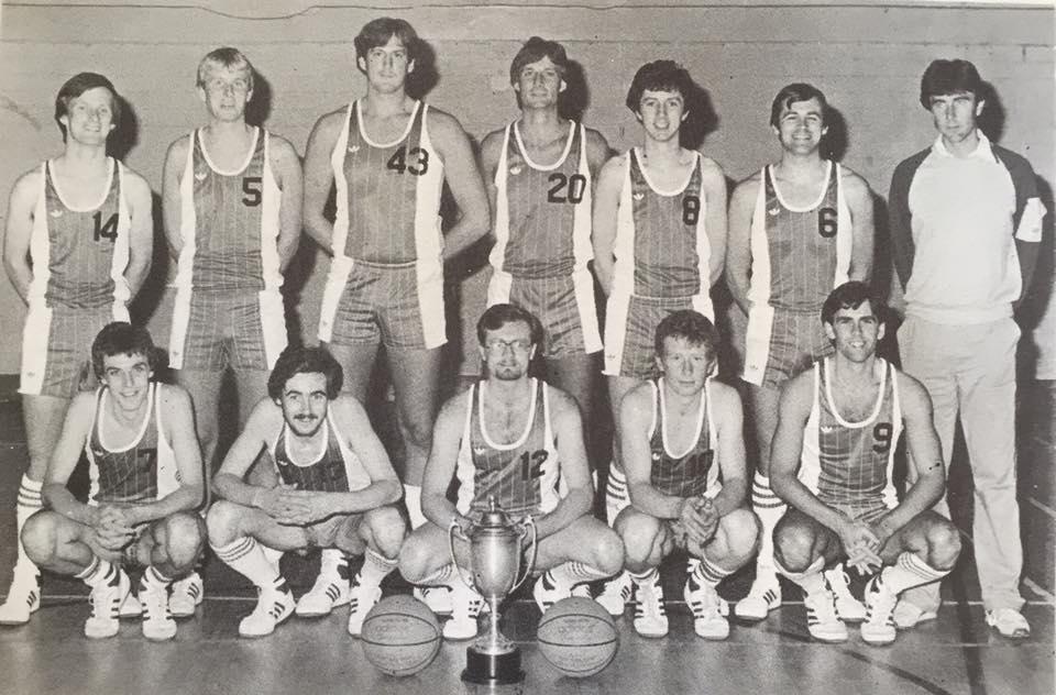 St. Vincent's team in pinstriped jerseys with the National Cup trophy, 1984